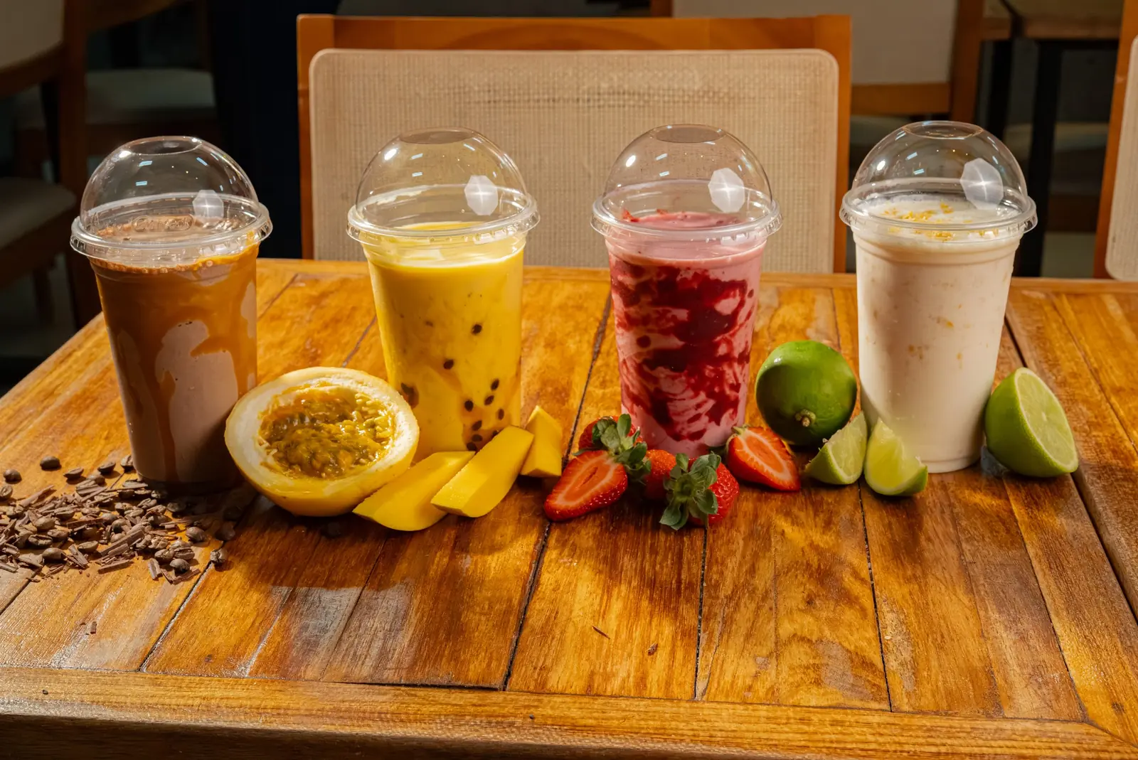 Milkshakes e frutas sobre a mesa de madeira